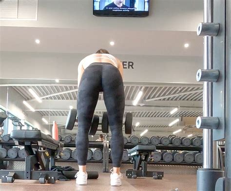 Gym Brunette In Tight Black Camo Leggings Bending Over Part
