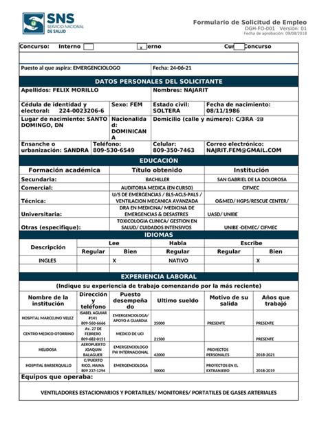 Formulario Solicitud Empleo Sns Dgh Fo 001 V1pdf