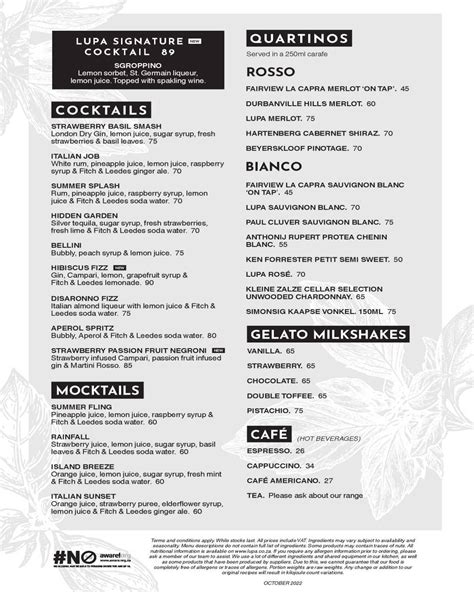 Carta Del Restaurante Lupa Osteria Loftus Pretoria