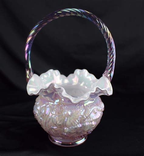 Vintage Fenton Glass Basket Pink Iridescent Cased White Mop Fenton Glass Pink Glassware