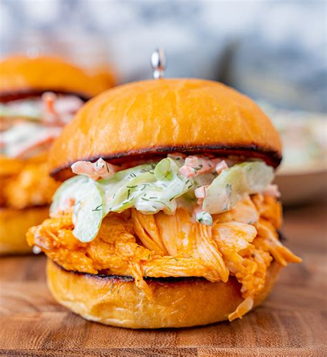 Shredded Buffalo Chicken Sandwiches with Celery Slaw - Grilling 24x7