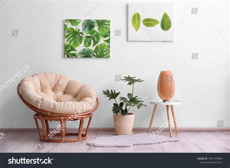 Stylish Room Interior Tropical Leaves Papasan Stock Photo 1061474990