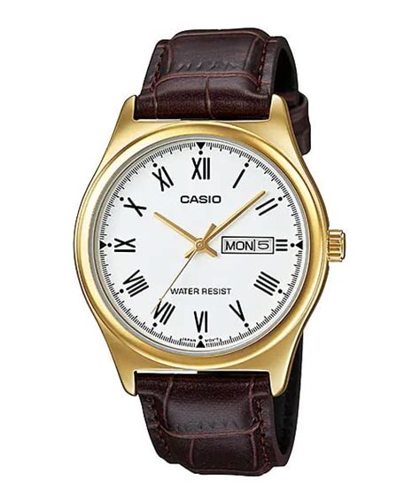 Rel Gio Casio Masculino Couro Marrom Dourado Calend Rio Mtp V Gl