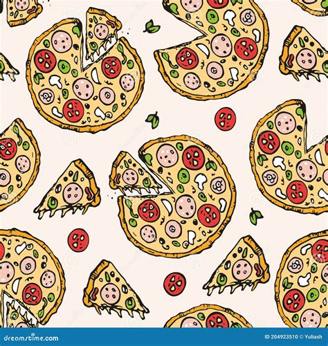 Pizza Seamless Pattern Slices And Whole Pizzas Trendy Hand Drawn