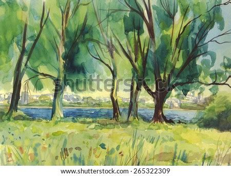 Landscape With Trees By The River Painting Watercolor Stock Image