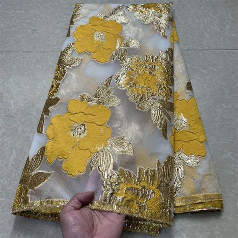 Tecido De Renda De Brocado Africano De Ouro Jacquard Organza Damasco