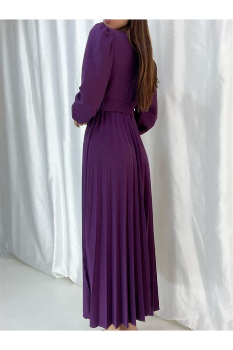 Secret Passion Lingerie V Yaka Uzun Kollu Mor Renk Pliseli Kemerli Midi Boy Abiye Ve Mezuniyet