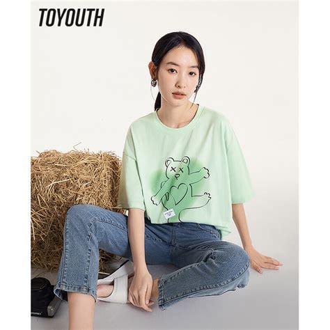 Toyouth Women T Shirt 2023 Summer Short Sleeve Round Neck Loose Tees