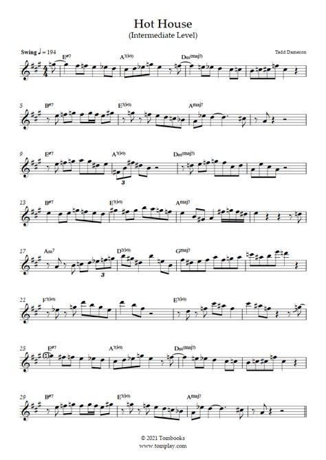 Hot House Intermediate Level Alto Sax Tadd Dameron Saxophone Sheet Music