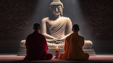 Premium AI Image | Two buddhist monks praying in front of buddha statue