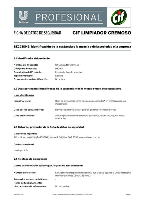 Pdf Ficha De Datos De Seguridad Cif Limpiador Cremoso Clasificaci N