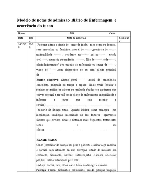 Modelos De Admissão De Enfermagem - Modelo de Nota de Admissão e Diário de Enfermagem | PDF | Enfermagem ...
