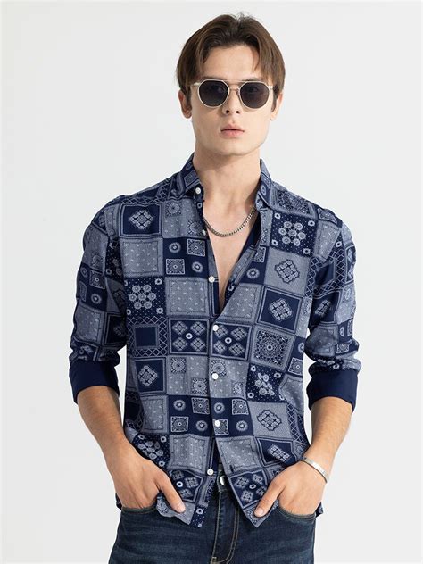 Buy Snitch Navy Blue Classic Slim Fit Ethnic Motifs Printed Casual