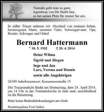 Traueranzeigen Von Bernard Hattermann Nordwest Trauer De