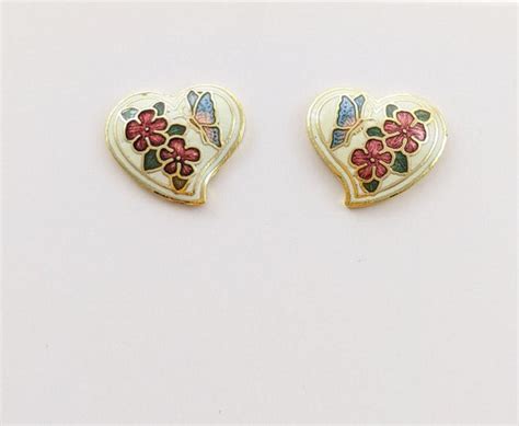 Vintage Cloisonne Butterfly Curved Heart Stud Earring Gem