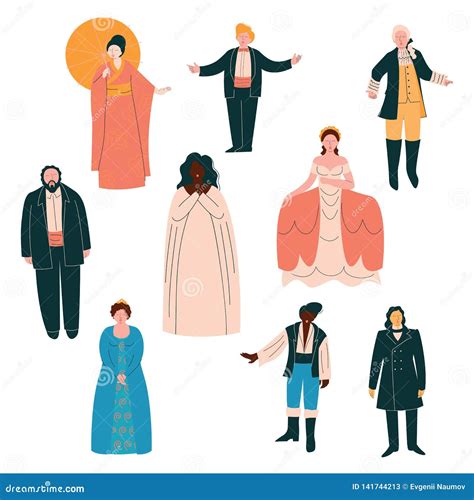 Opera Singers Set Male And Female Singers In Elegant Clothing Performing On Stage Vector