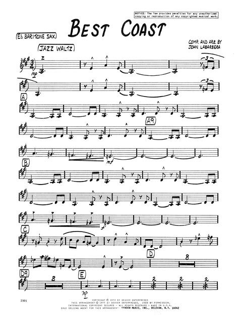 Best Coast Eb Baritone Saxophone Sheet Music John Labarbera Jazz