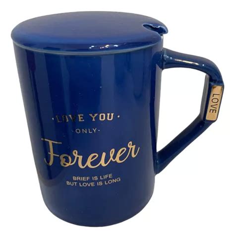 Taza De Ceramica Con Tapa Y Cuchara Forever Azul Mercadolibre