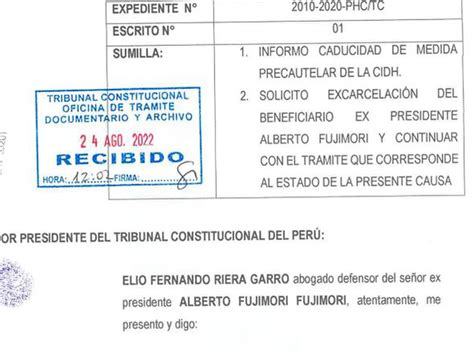 Abogado de Alberto Fujimori pide al TC excarcelación ante falta de