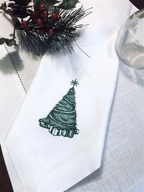 Victorian Toile Christmas Tree Embroidered Cloth Napkins Set Of 4