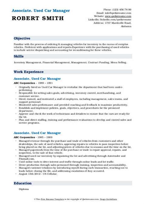 Used Car Manager Resume Samples Qwikresume