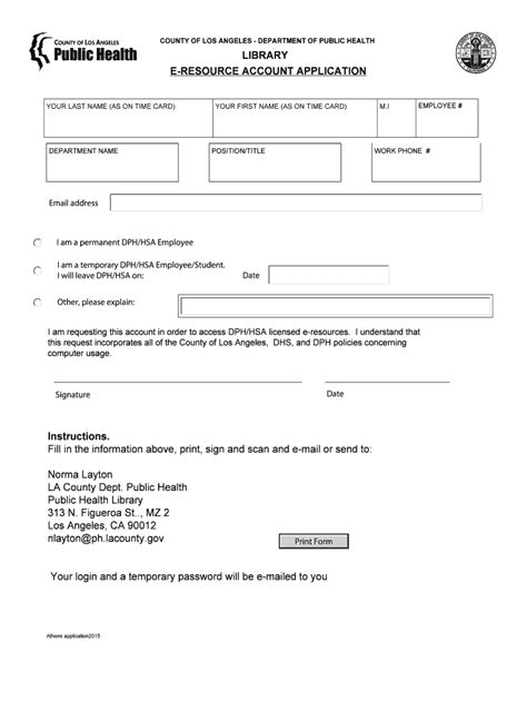 Fillable Online Publichealth Lacounty E RESOURCE ACCOUNT APPLICATION