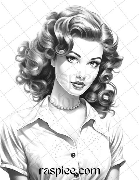 50 Vintage Pin Up Girls Grayscale Coloring Pages Printable For Adults Grayscale Coloring