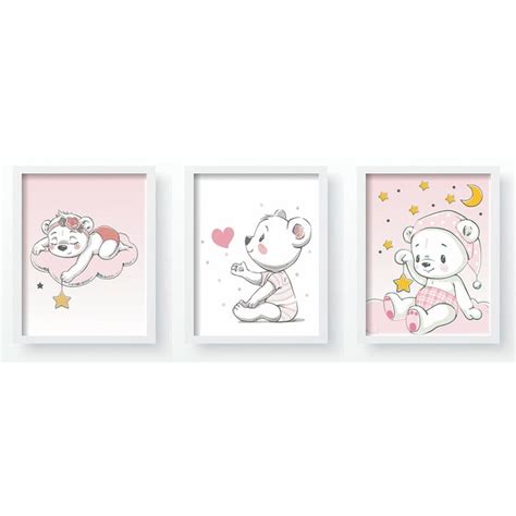 Quadro Decorativo Infantil Trio Rosa Ursa Nuvens Qdt Elo