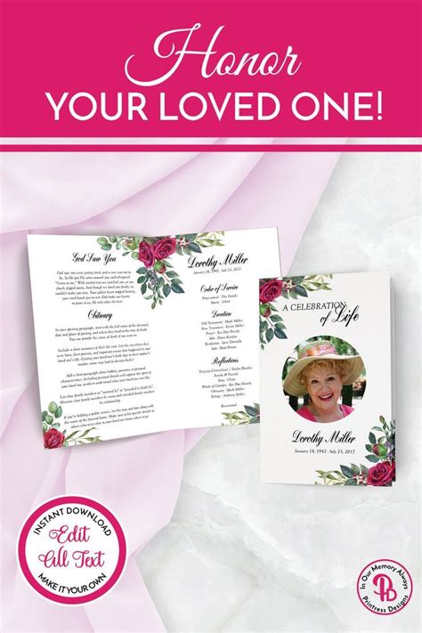 Deep Pink Roses Funeral Program Template Printable Order Of Service Celebration Of Life Memorial