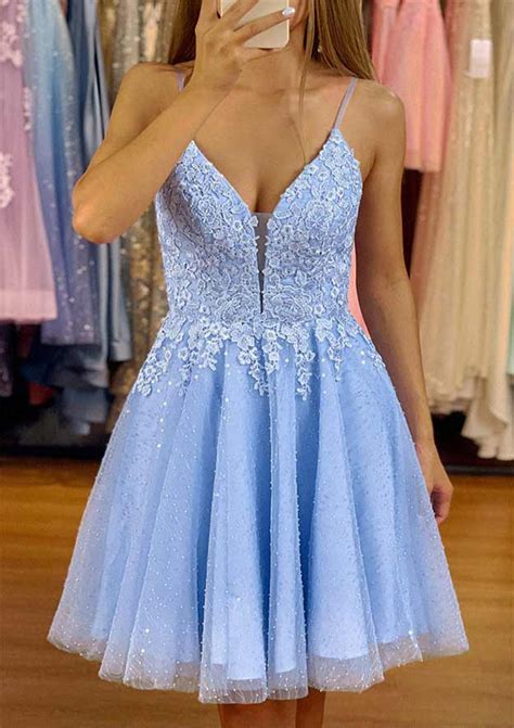 A Line V Neck Tulle Short Prom Dress With Appliqued Beading Sequins