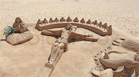 Jesus Christus Statue Hergestellt Aus Sand Am Strand Stock Bild