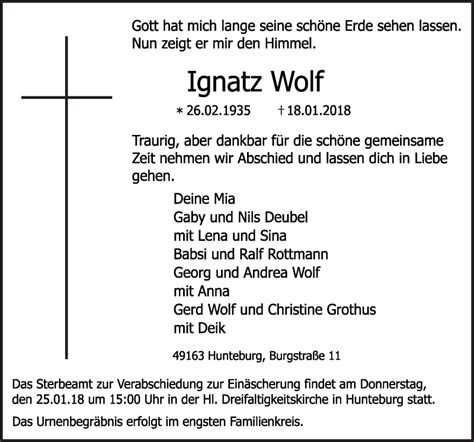 Traueranzeigen Von Ignatz Wolf Noz Trauerportal