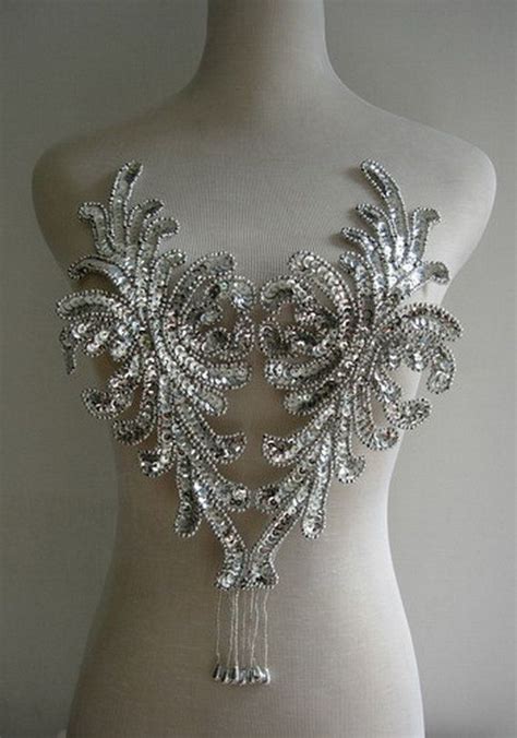 BD43 Fringed Bodice Front Sequin Bead Applique Motif Silver Tutu