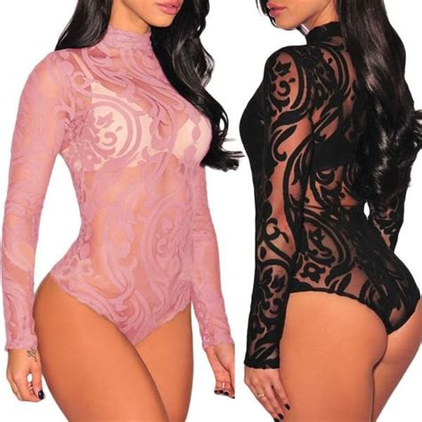 Sheer Mesh Print Long Sleeves Bodysuit Lace Bodysuit Long Sleeve