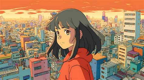 Premium Photo A Girl In A Red Sweater Stands In Front Of A Cityscape