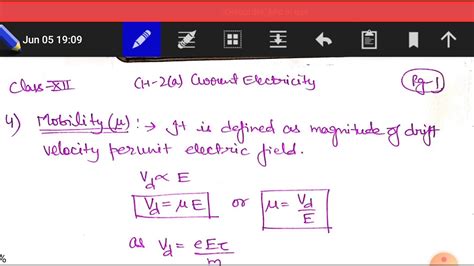 Lect 2 B Class 12th Relation Between Current And Drift Velocity Youtube