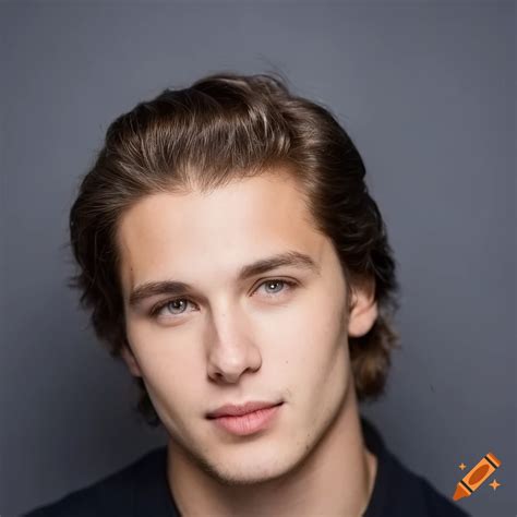 Close Up Of A Handsome Young Man With Brown Hair And Light Blue Eyes On