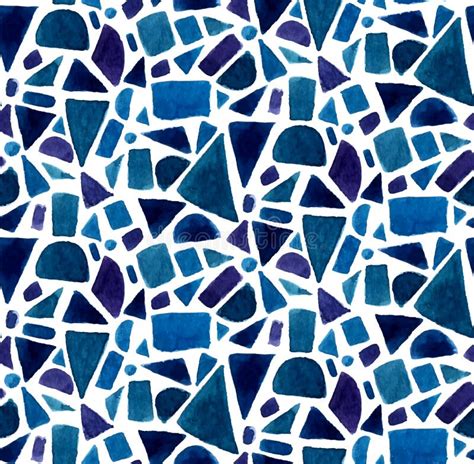 Blue Geometry Pattern With Watercolor Painted Mosaic Shapes Vector