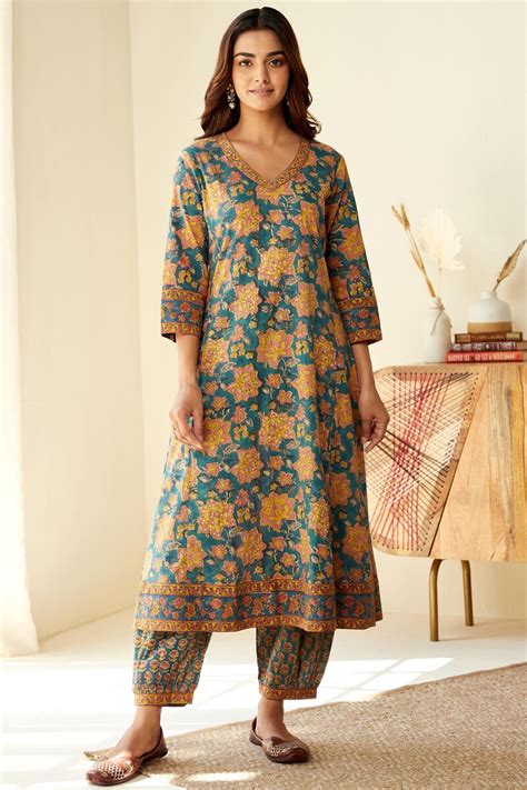 Buy Blue Hand Block Printed A Line Cotton Kurta For Women Fgmk23 474 Farida Gupta