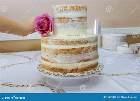 Woman Puts Flower Rose On Stylish Naked Cake Cake Decoration Stock Image Image Of Ceremony