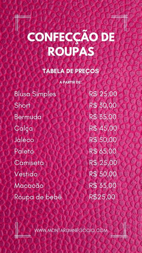 Tabela De Pre Os Para Confec O De Roupas Quanto Cobrar