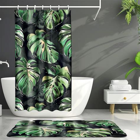 Monstera Leaf Tropical Rainforest Shower Curtain Set Green And Grey