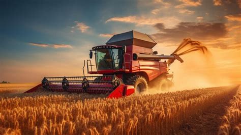 Premium Photo Combine Harvester Working In Wheat Field At Sunset