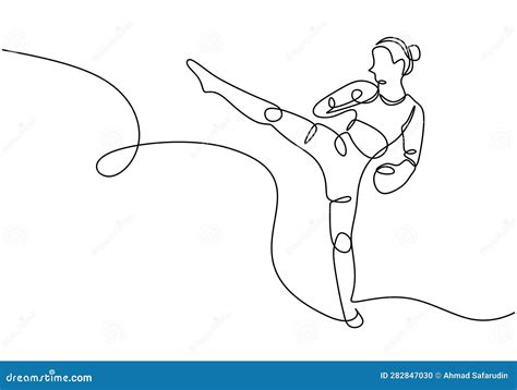 Boxer One Line Drawing Girl Fighter Kick Training Continuous Hand