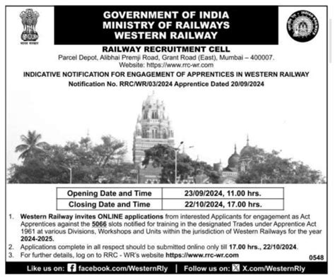 Rrc Western Railway Act Apprentice Recruitment Apply Online For