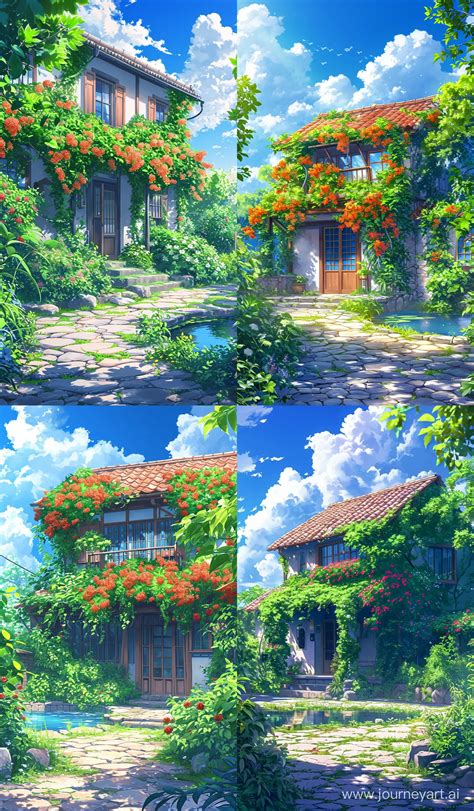 Serene Anime Countryside Landscape With BougainvilleaCovered House