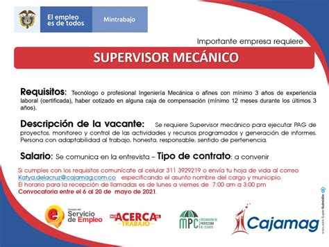 Convocatoria Centro de Empleo Supervisor Mecánico Cajamag