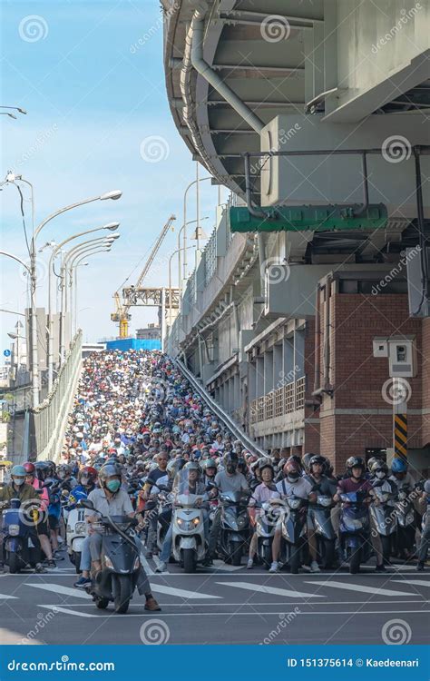 Scooter Waterfall In Taiwan Traffic Jam Crowded Of Motorcycles On The