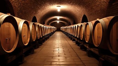 Winery Basement With Wooden Barrels And Racks Of Old Wine Bottles AI