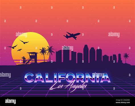 Los Angeles California Usa Skyline Synthwave Vaporwave Retro Vactor